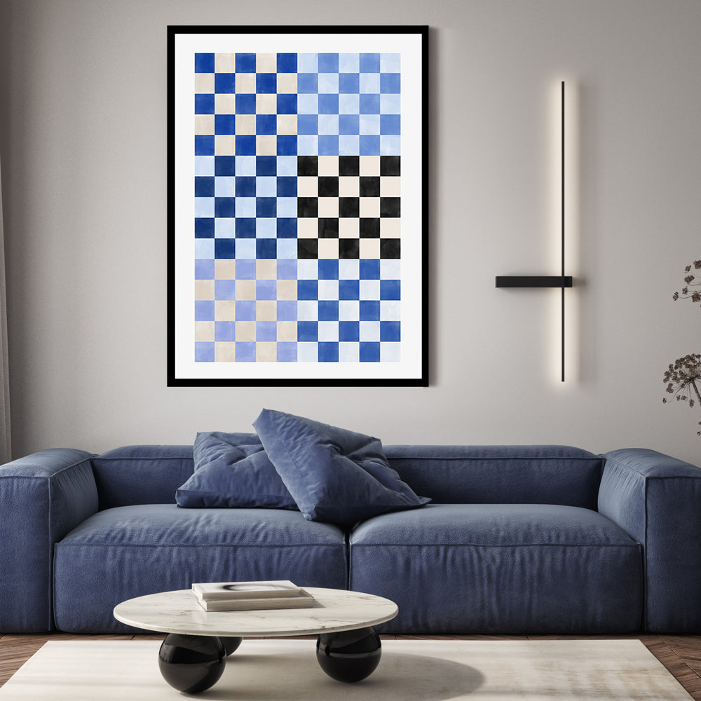 wall-art-print-canvas-poster-framed-Blue Checkered Pattern , By Elena Ristova-GIOIA-WALL-ART