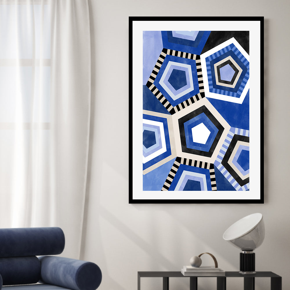 wall-art-print-canvas-poster-framed-Blue Pentagons , By Elena Ristova-GIOIA-WALL-ART