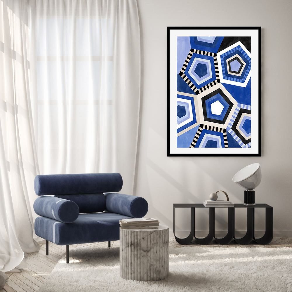 wall-art-print-canvas-poster-framed-Blue Pentagons , By Elena Ristova-GIOIA-WALL-ART