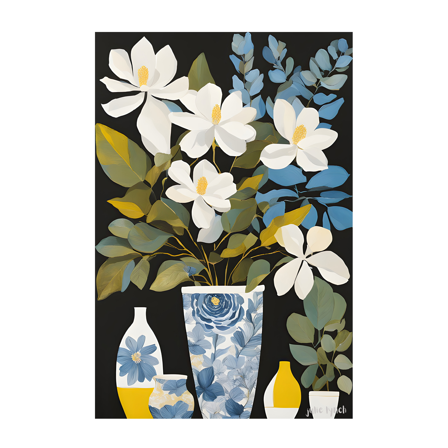 Blue Toile & Magnolias , By Julie Lynch |Wall Art Print Framed Canvas ...