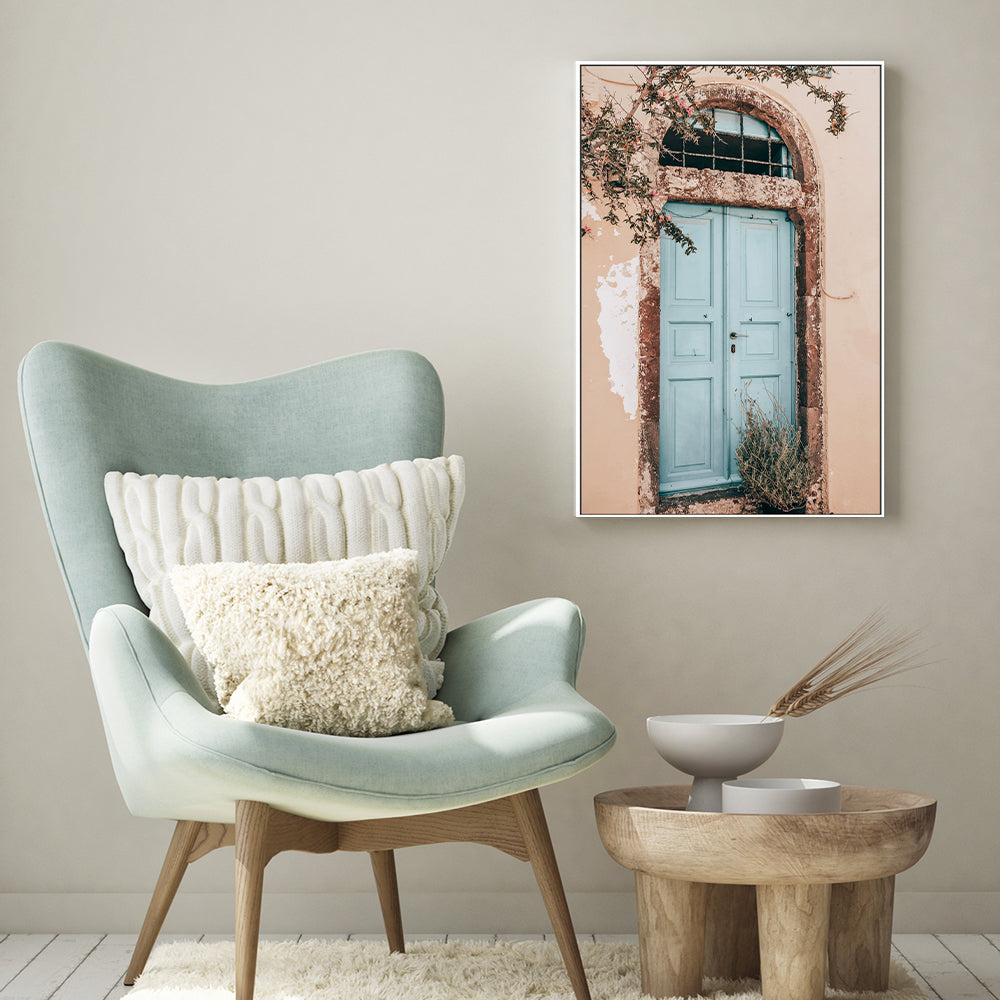 Bougainvillea flower and blue door in Santorini, Style C-Gioia-Prints-Framed-Canvas-Poster-GIOIA-WALL-ART