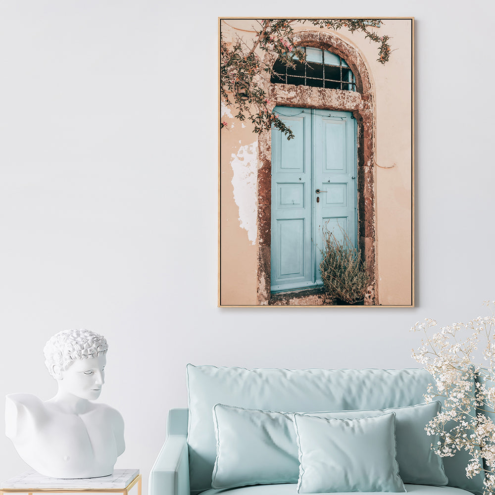 Bougainvillea flower and blue door in Santorini, Style C-Gioia-Prints-Framed-Canvas-Poster-GIOIA-WALL-ART