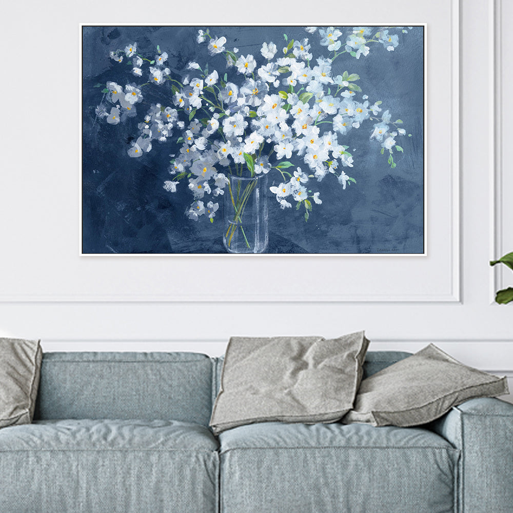 wall-art-print-canvas-poster-framed-Fresh White Bouquet Dark Blue-by-Danhui Nai-Gioia Wall Art