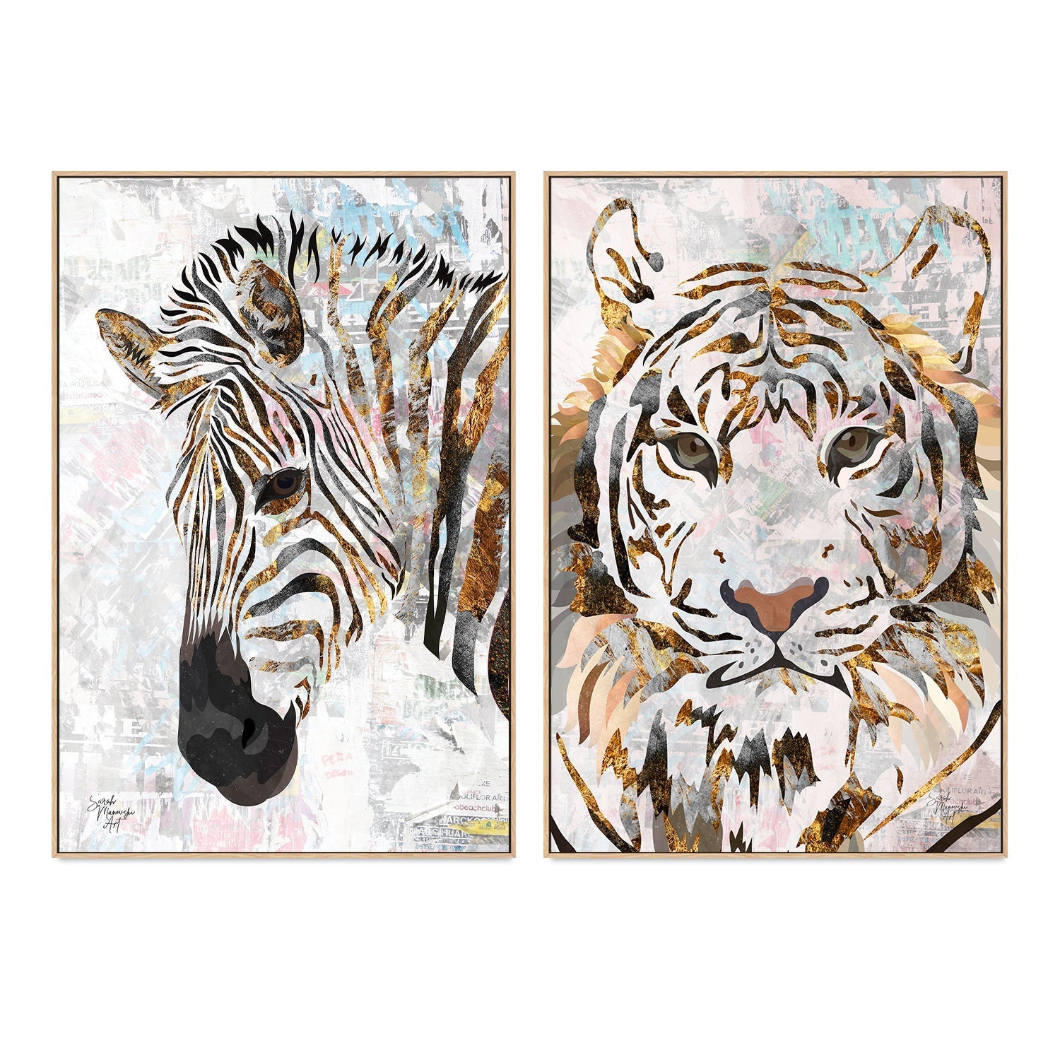 4 Framed Vintage Mini Prints good from Lord and Taylor Artist Signed Vibrant Jungle Lion Tiger Zebra Giraffe 9.5x5.75” Set of Four Matte Glass