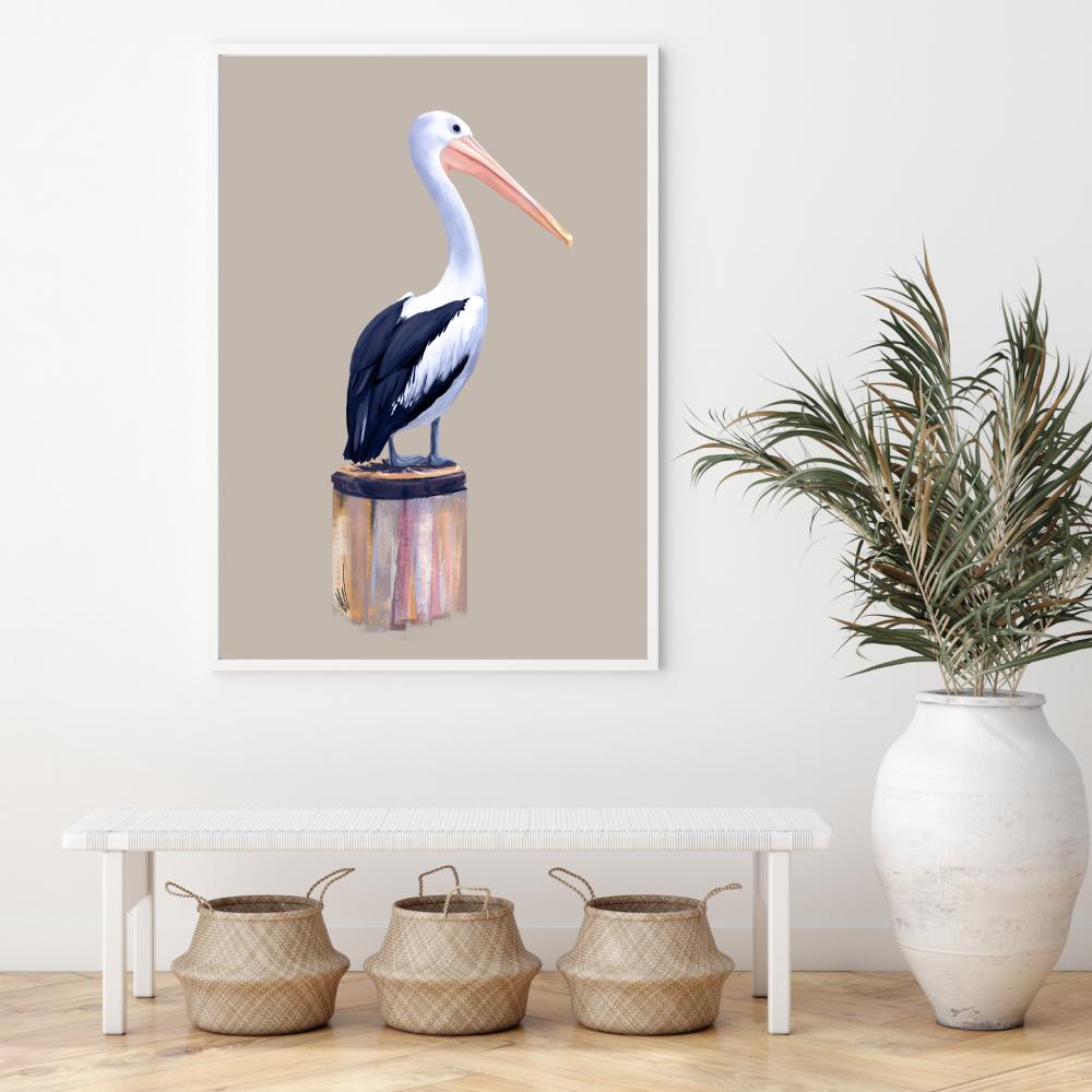 wall-art-print-canvas-poster-framed-Navy And Pink Pelican On Beige Background-by-Reeve King Art-Gioia Wall Art