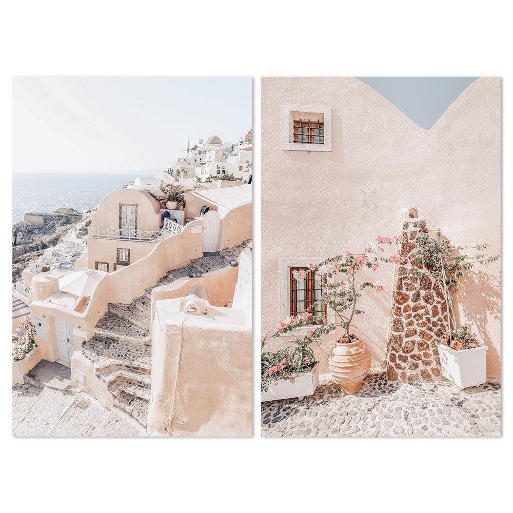 wall-art-print-canvas-poster-framed-Oia Santorini Views And Old Stone Wall, Set Of 2-by-Gioia Wall Art-Gioia Wall Art