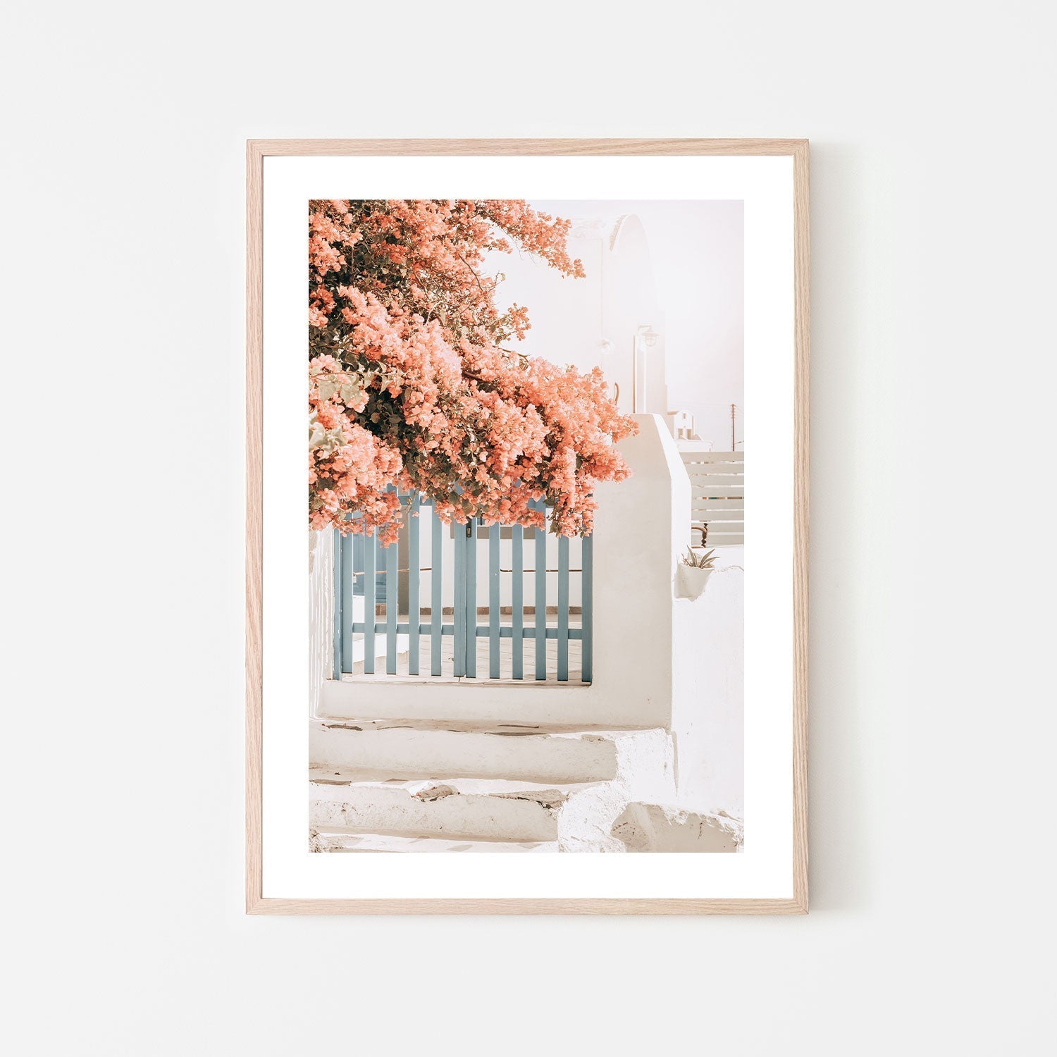 Pink Bougainvillea Flower and Blue Fence in Santorini-Gioia-Prints-Framed-Canvas-Poster-GIOIA-WALL-ART