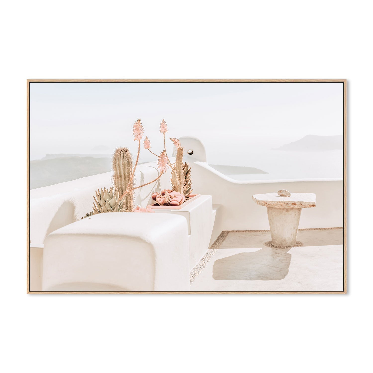 Succulent flowers and ocean view in Santorini-Gioia-Prints-Framed-Canvas-Poster-GIOIA-WALL-ART