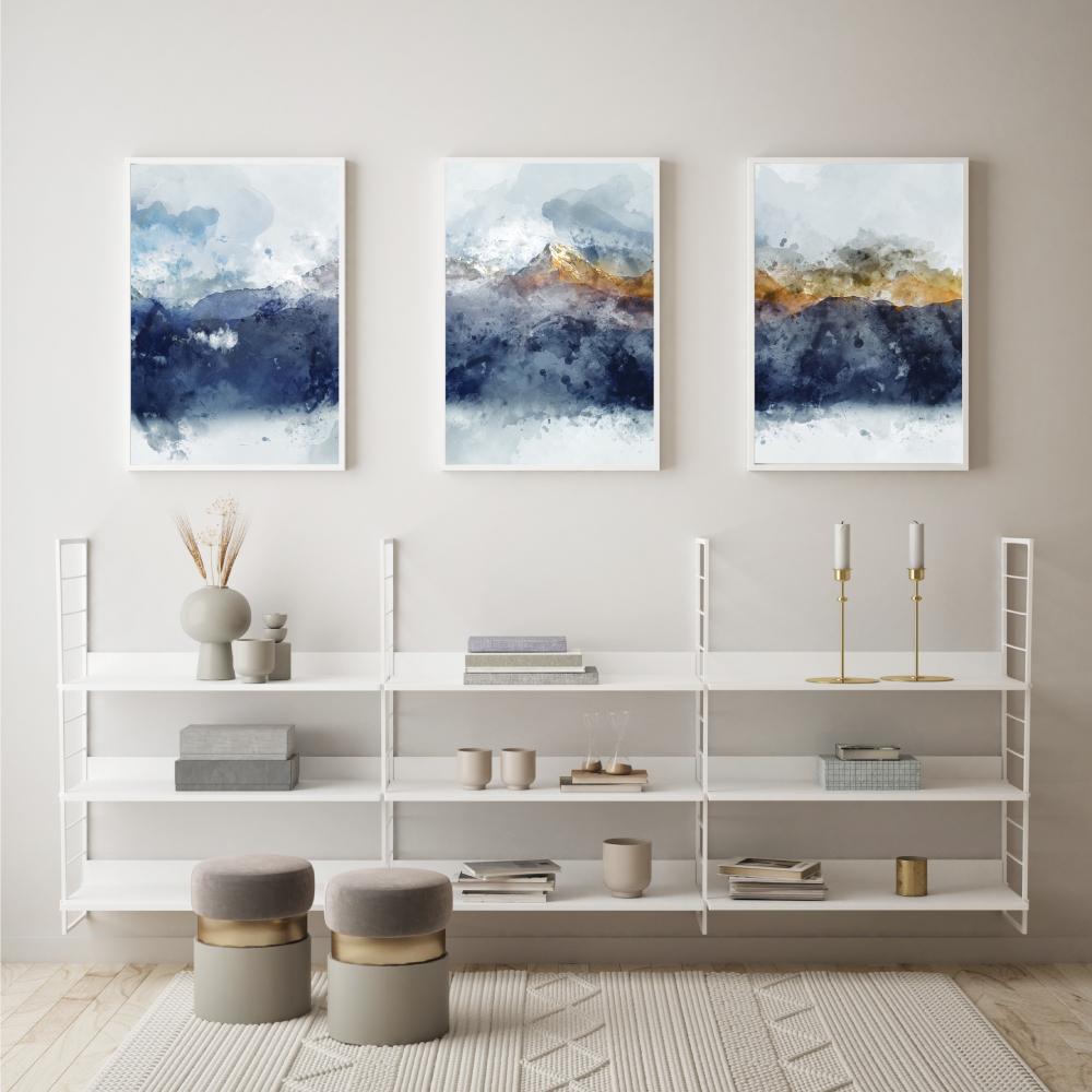 Sunlight Mountains, Abstract Art, Set Of 3 |Wall Art Print Framed