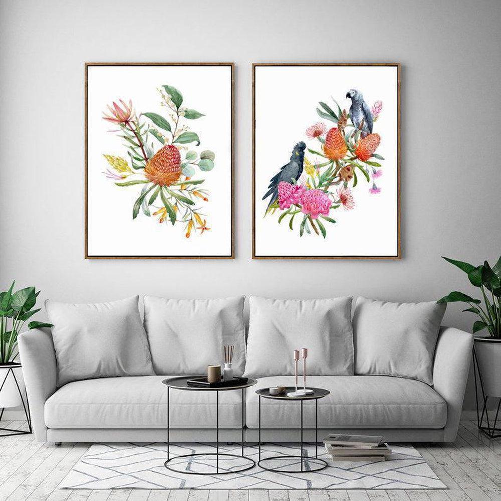 wall-art-print-canvas-poster-framed-Watercolour Bouquet, Banksias,Protea Leaves, Eucalyptus, Parrot And Cockatoo, Set Of 2-by-Gioia Wall Art-Gioia Wall Art