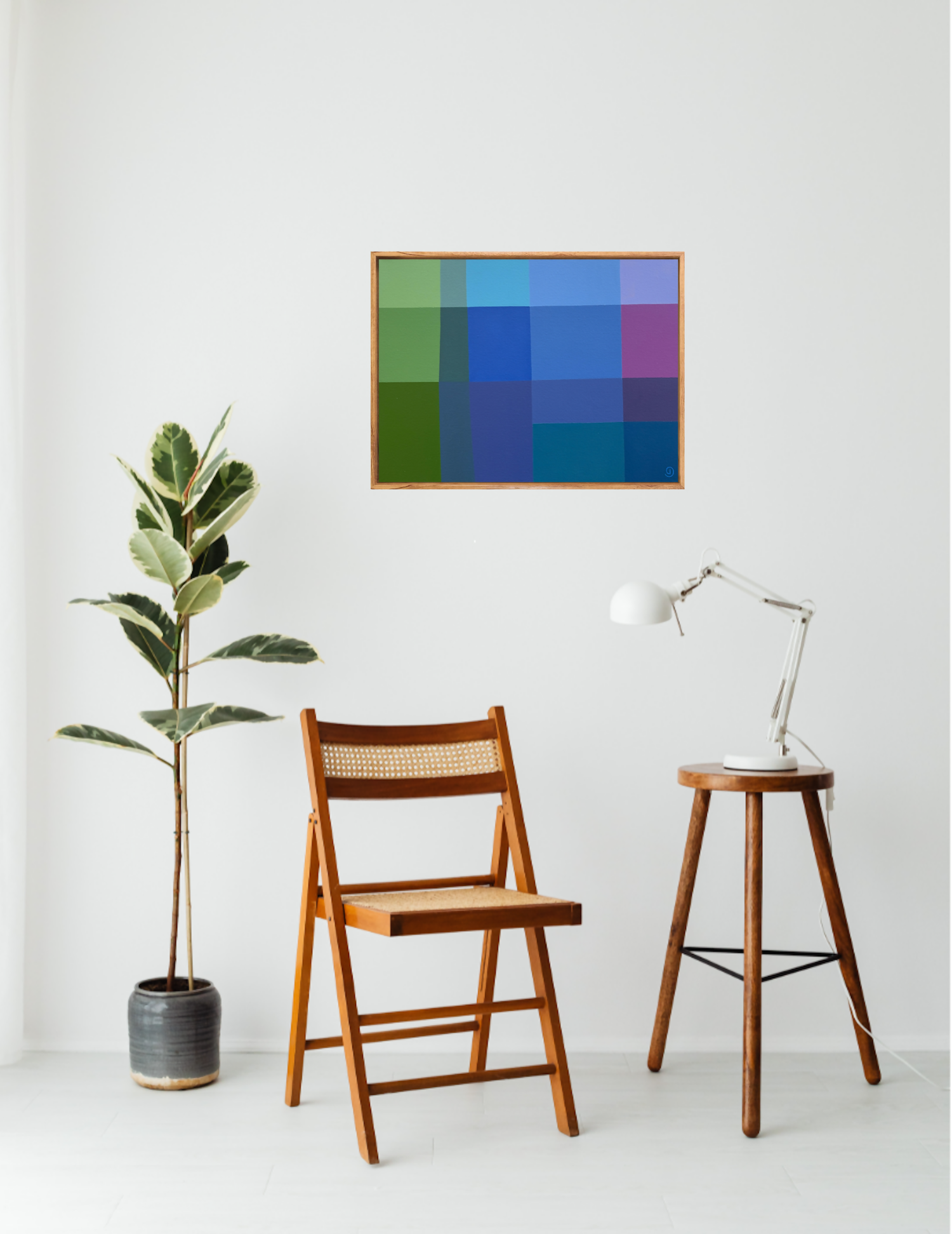 Charlotte De Pace_Seaside I_Abstract Landscape_Insitu above chair_Gioia Wall Art